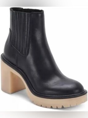 Dolce Vita Black Leather Chelsea Boot with Tan Platform Heel